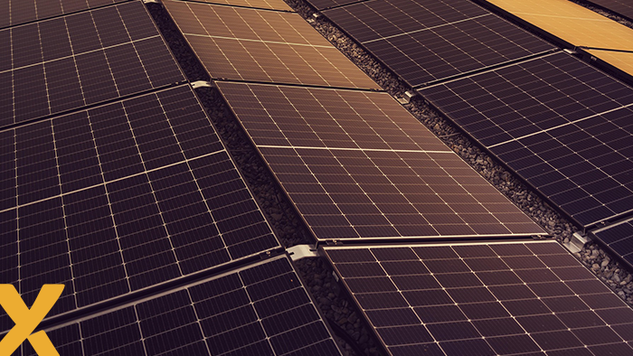 Close-up van meerdere rijen zonnepanelen op een dak, met de gele Audax Renewables X linksonder in beeld.