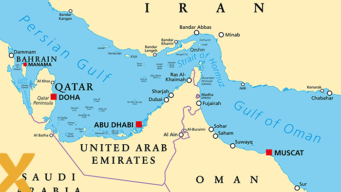 Kaart van de Straat van Hormuz en omliggende landen zoals Iran, Oman, de Verenigde Arabische Emiraten en Qatar