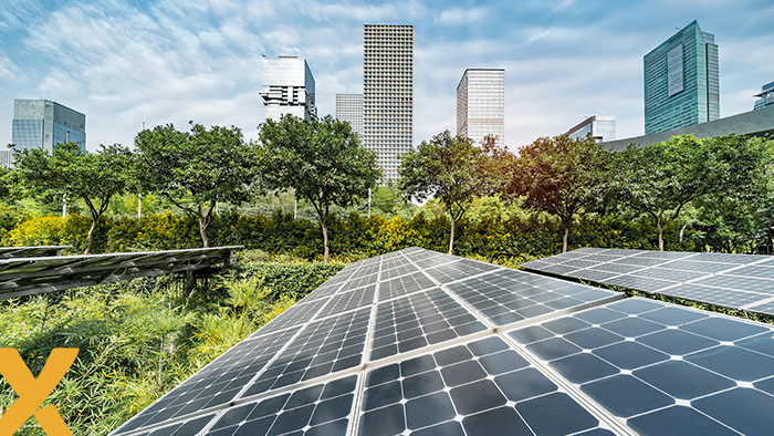 Zonnepanelen in een groene omgeving met moderne kantoorgebouwen op de achtergrond.