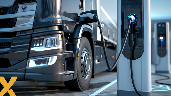 Elektrische vrachtwagen aan het opladen bij een laadstation op een bedrijventerrein.