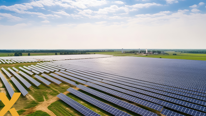 Grootschalig zonnepark met rijen zonnepanelen in een open landschap onder een blauwe lucht