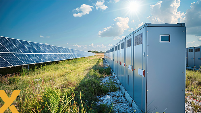 Zonnepanelenveld met grote energieopslagcontainers onder een heldere blauwe lucht, symbool voor duurzame energie en batterijopslag.